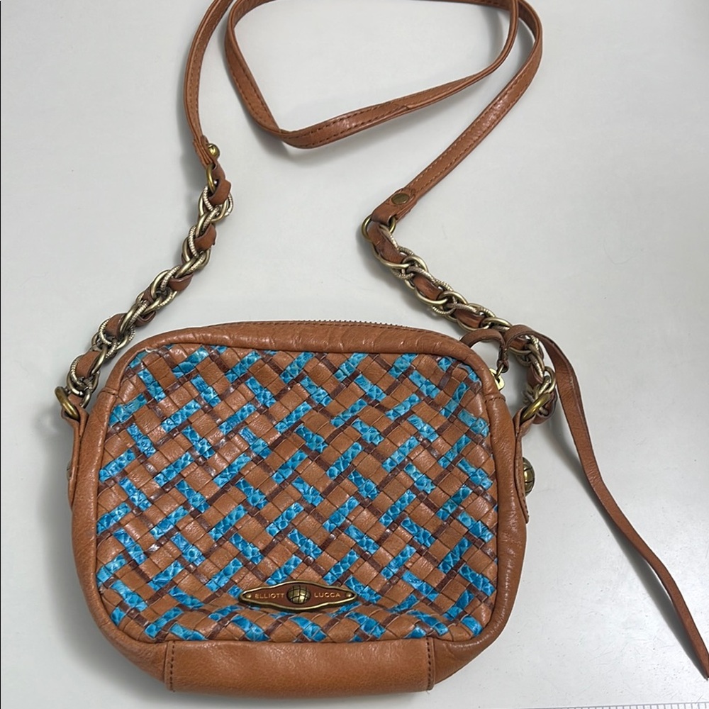 Elliott Lucca Tan and Blue Woven Crossbody Bag
